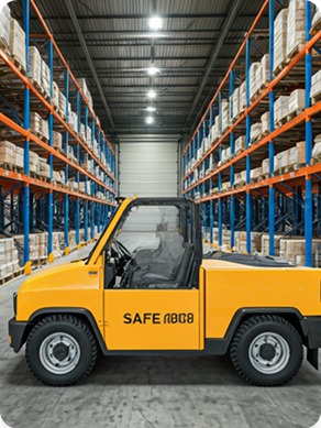 A yellow forklift truck in a warehouse aisle with tall racks