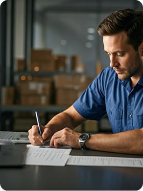 A man writing notes at a desk in an office