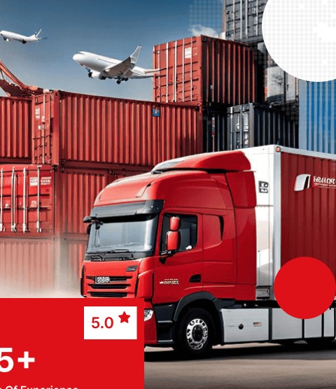Red Saigontrans truck in front of stacked red shipping containers, with an aircraft in the sky