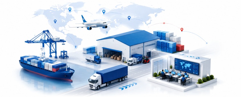 Illustration of a supply chain: ship, crane, warehouse, trucks and a plane over a world map