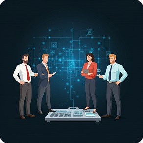 Four business colleagues in front of a glowing network of data